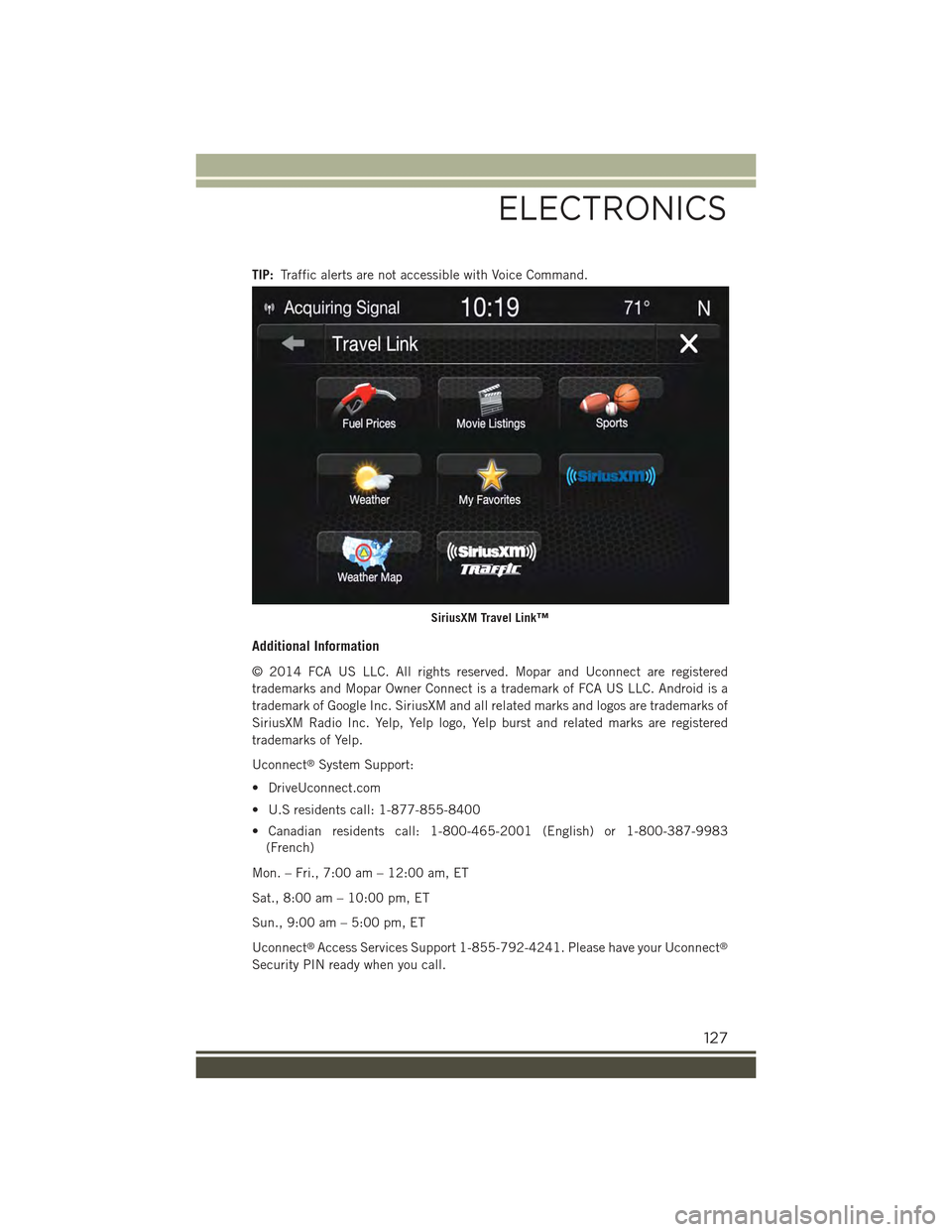 JEEP RENEGADE 2015 1.G User Guide TIP:Traffic alerts are not accessible with Voice Command.
Additional Information
© 2014 FCA US LLC. All rights reserved. Mopar and Uconnect are registered
trademarks and Mopar Owner Connect is a trad JEEP RENEGADE 2015 1.G User Guide TIP:Traffic alerts are not accessible with Voice Command.
Additional Information
© 2014 FCA US LLC. All rights reserved. Mopar and Uconnect are registered
trademarks and Mopar Owner Connect is a trad