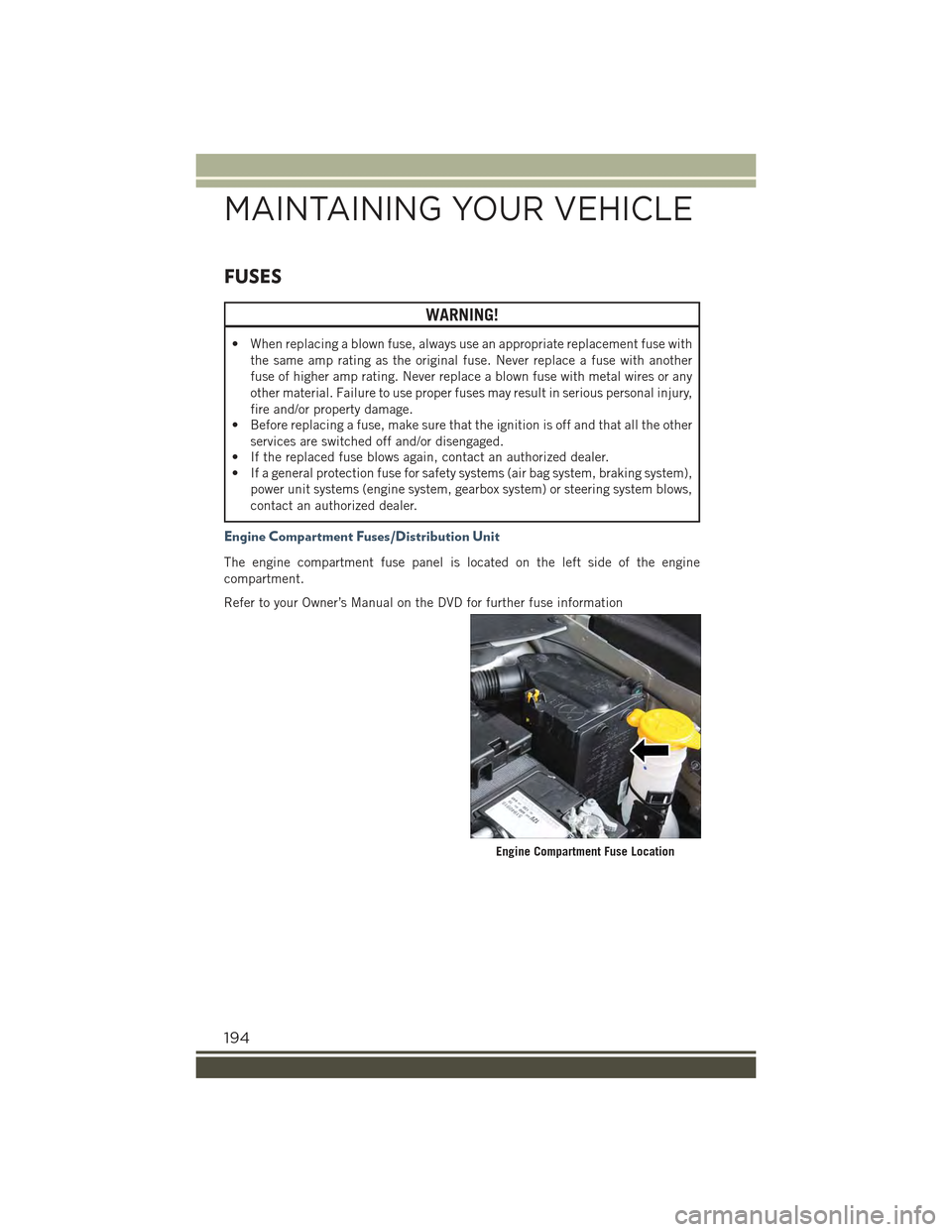 JEEP RENEGADE 2015 1.G User Guide FUSES
WARNING!
• When replacing a blown fuse, always use an appropriate replacement fuse with
the same amp rating as the original fuse. Never replace a fuse with another
fuse of higher amp rating. N