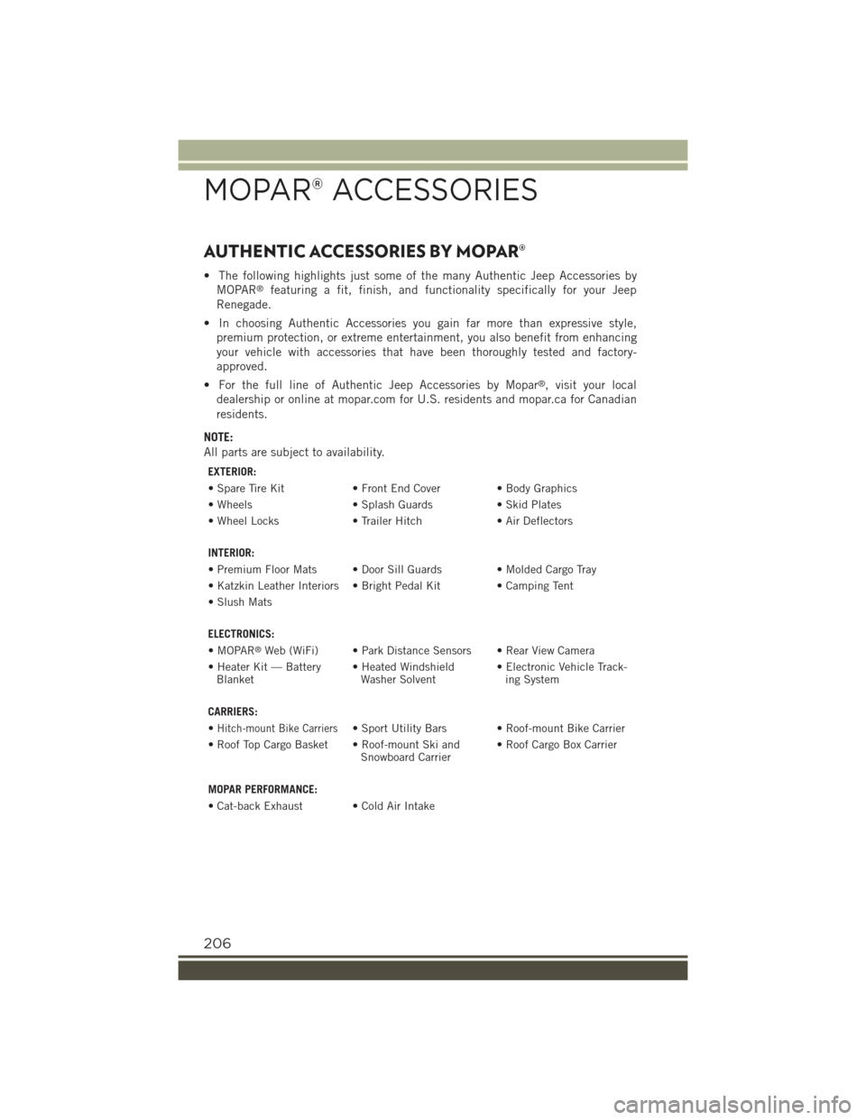 JEEP RENEGADE 2015 1.G Manual Online AUTHENTIC ACCESSORIES BY MOPAR®
• The following highlights just some of the many Authentic Jeep Accessories by
MOPAR®featuring a fit, finish, and functionality specifically for your Jeep
Renegade. JEEP RENEGADE 2015 1.G Manual Online AUTHENTIC ACCESSORIES BY MOPAR®
• The following highlights just some of the many Authentic Jeep Accessories by
MOPAR®featuring a fit, finish, and functionality specifically for your Jeep
Renegade.