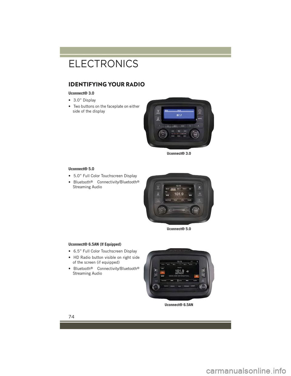 JEEP RENEGADE 2015 1.G User Guide IDENTIFYING YOUR RADIO
Uconnect® 3.0
• 3.0” Display
• Two buttons on the faceplate on either
side of the display
Uconnect® 5.0
• 5.0” Full Color Touchscreen Display
• Bluetooth®Connecti