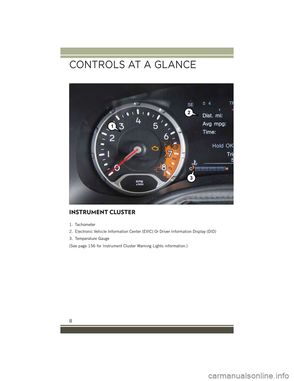 JEEP RENEGADE 2015 1.G User Guide INSTRUMENT CLUSTER
1. Tachometer
2. Electronic Vehicle Information Center (EVIC) Or Driver Information Display (DID)
3. Temperature Gauge
(See page 156 for Instrument Cluster Warning Lights informatio