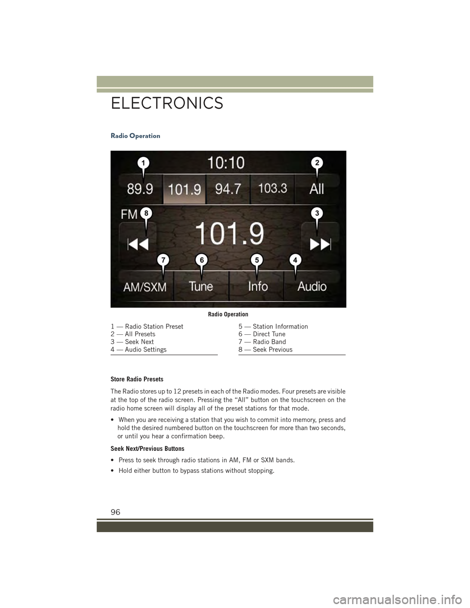 JEEP RENEGADE 2015 1.G User Guide Radio Operation
Store Radio Presets
The Radio stores up to 12 presets in each of the Radio modes. Four presets are visible
at the top of the radio screen. Pressing the “All” button on the touchscr JEEP RENEGADE 2015 1.G User Guide Radio Operation
Store Radio Presets
The Radio stores up to 12 presets in each of the Radio modes. Four presets are visible
at the top of the radio screen. Pressing the “All” button on the touchscr