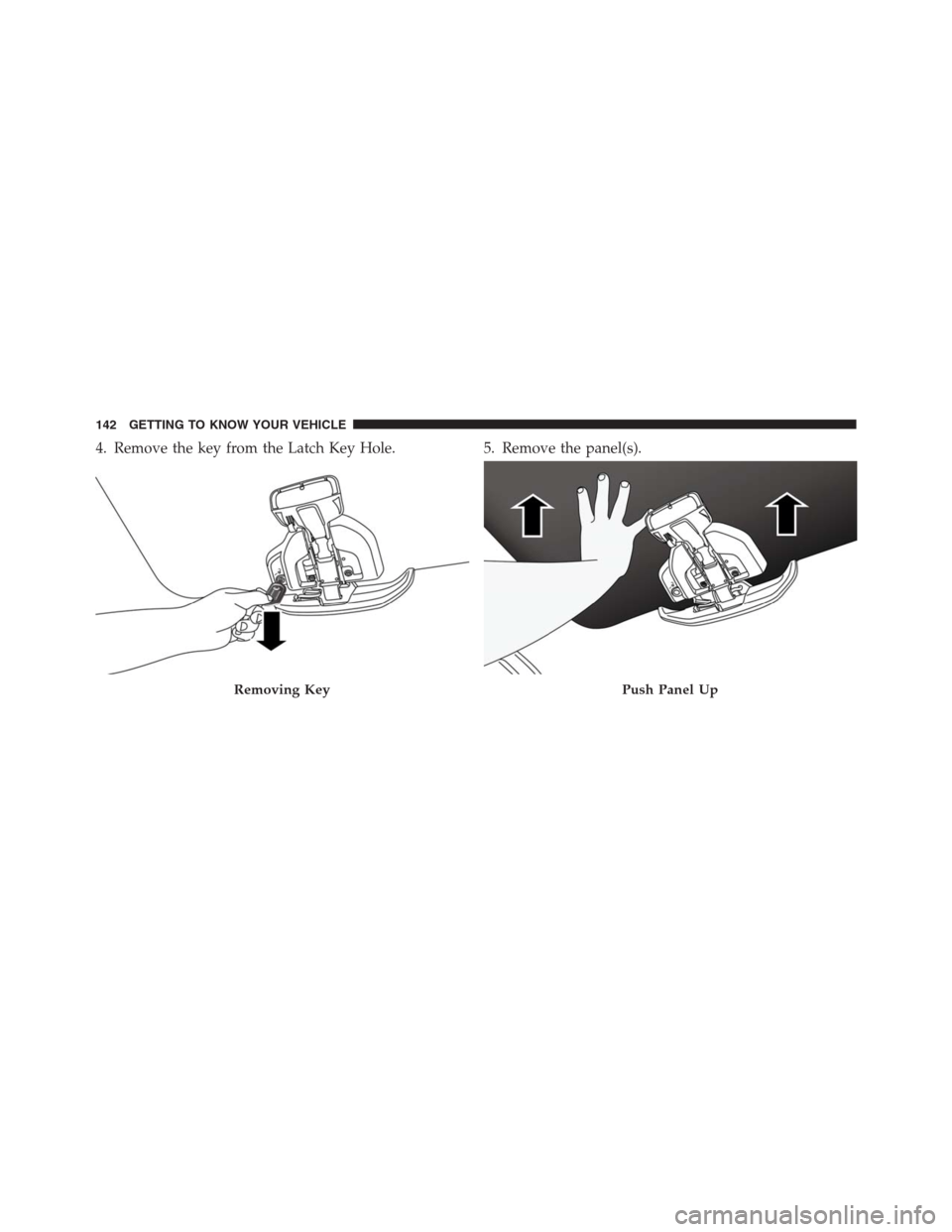 JEEP RENEGADE 2016 1.G Owners Manual 4. Remove the key from the Latch Key Hole. 5. Remove the panel(s).
Removing KeyPush Panel Up
142 GETTING TO KNOW YOUR VEHICLE 