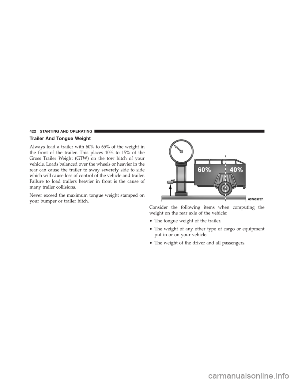 JEEP RENEGADE 2016 1.G Owners Manual Trailer And Tongue Weight
Always load a trailer with 60% to 65% of the weight in
the front of the trailer. This places 10% to 15% of the
Gross Trailer Weight (GTW) on the tow hitch of your
vehicle. Lo