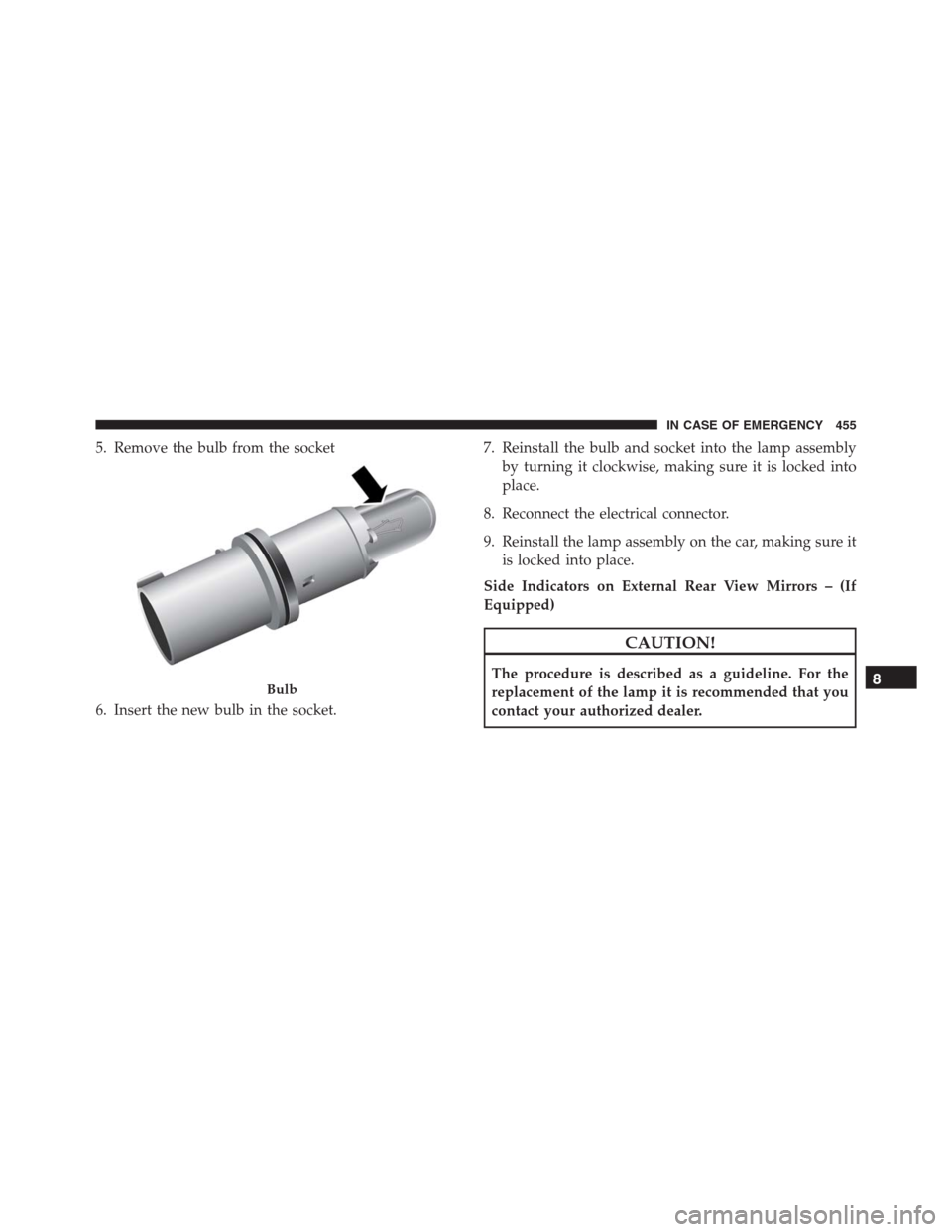 JEEP RENEGADE 2016 1.G Owners Manual 5. Remove the bulb from the socket
6. Insert the new bulb in the socket.7. Reinstall the bulb and socket into the lamp assembly
by turning it clockwise, making sure it is locked into
place.
8. Reconne