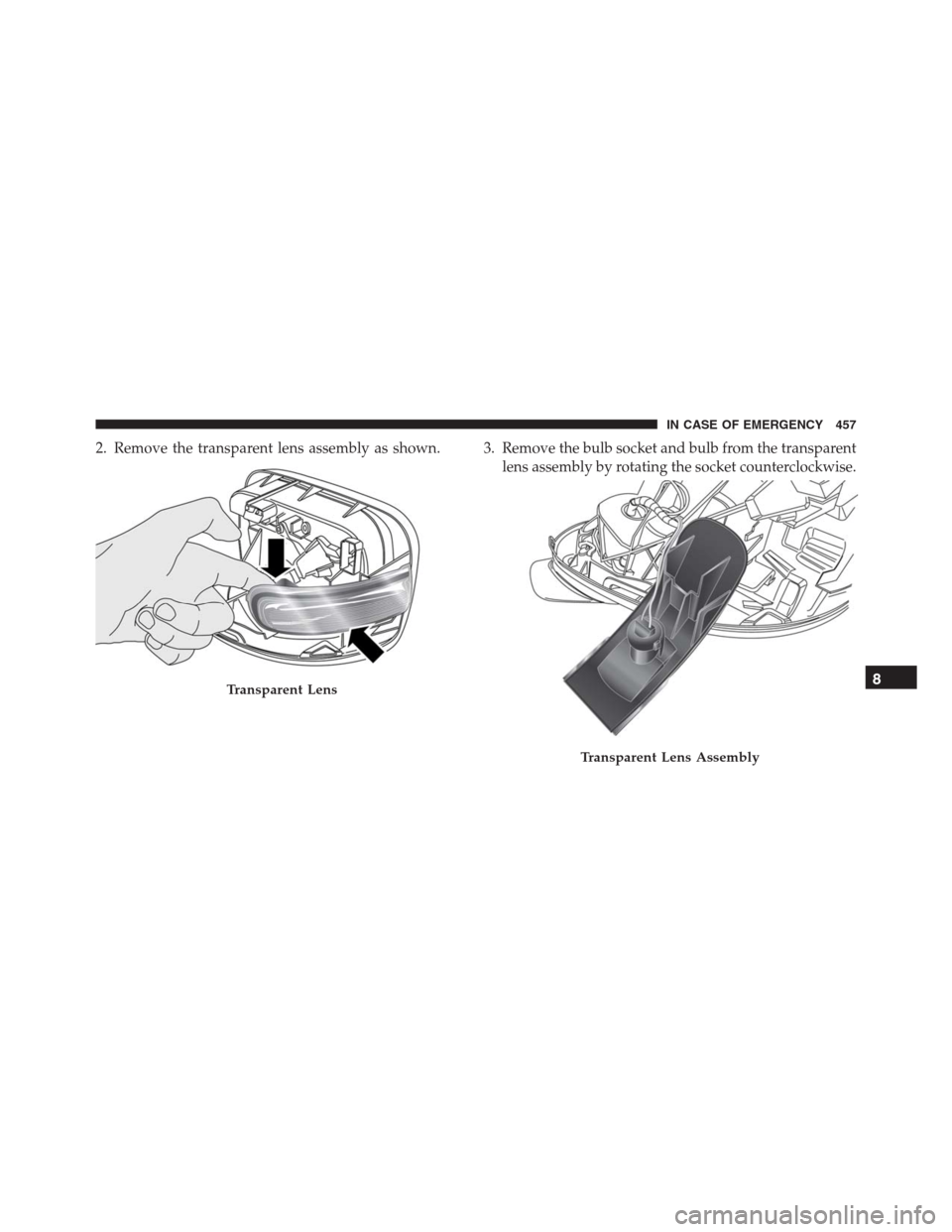 JEEP RENEGADE 2016 1.G Owners Manual 2. Remove the transparent lens assembly as shown. 3. Remove the bulb socket and bulb from the transparent
lens assembly by rotating the socket counterclockwise.
Transparent Lens
Transparent Lens Assem