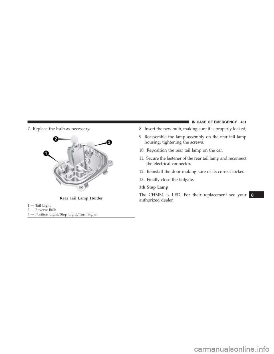 JEEP RENEGADE 2016 1.G Owners Manual 7. Replace the bulb as necessary. 8. Insert the new bulb, making sure it is properly locked;
9. Reassemble the lamp assembly on the rear tail lamp
housing, tightening the screws.
10. Reposition the re