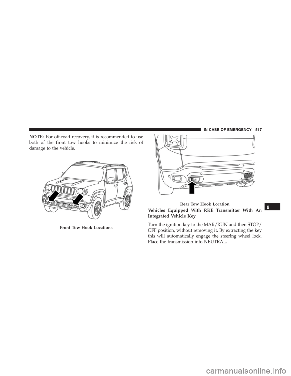 JEEP RENEGADE 2016 1.G Owners Manual NOTE:For off-road recovery, it is recommended to use
both of the front tow hooks to minimize the risk of
damage to the vehicle.
Vehicles Equipped With RKE Transmitter With An
Integrated Vehicle Key
Tu JEEP RENEGADE 2016 1.G Owners Manual NOTE:For off-road recovery, it is recommended to use
both of the front tow hooks to minimize the risk of
damage to the vehicle.
Vehicles Equipped With RKE Transmitter With An
Integrated Vehicle Key
Tu