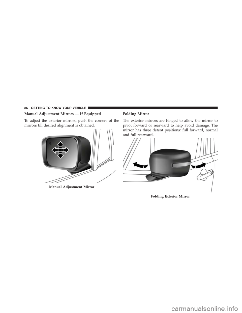 JEEP RENEGADE 2016 1.G Manual Online Manual Adjustment Mirrors — If Equipped
To adjust the exterior mirrors, push the corners of the
mirrors till desired alignment is obtained.Folding Mirror
The exterior mirrors are hinged to allow the JEEP RENEGADE 2016 1.G Manual Online Manual Adjustment Mirrors — If Equipped
To adjust the exterior mirrors, push the corners of the
mirrors till desired alignment is obtained.Folding Mirror
The exterior mirrors are hinged to allow the