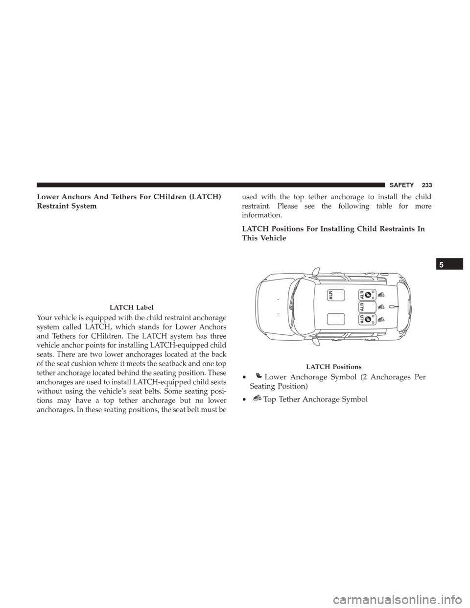 JEEP RENEGADE 2017 1.G Owners Manual Lower Anchors And Tethers For CHildren (LATCH)
Restraint System
Your vehicle is equipped with the child restraint anchorage
system called LATCH, which stands for Lower Anchors
and Tethers for CHildren JEEP RENEGADE 2017 1.G Owners Manual Lower Anchors And Tethers For CHildren (LATCH)
Restraint System
Your vehicle is equipped with the child restraint anchorage
system called LATCH, which stands for Lower Anchors
and Tethers for CHildren