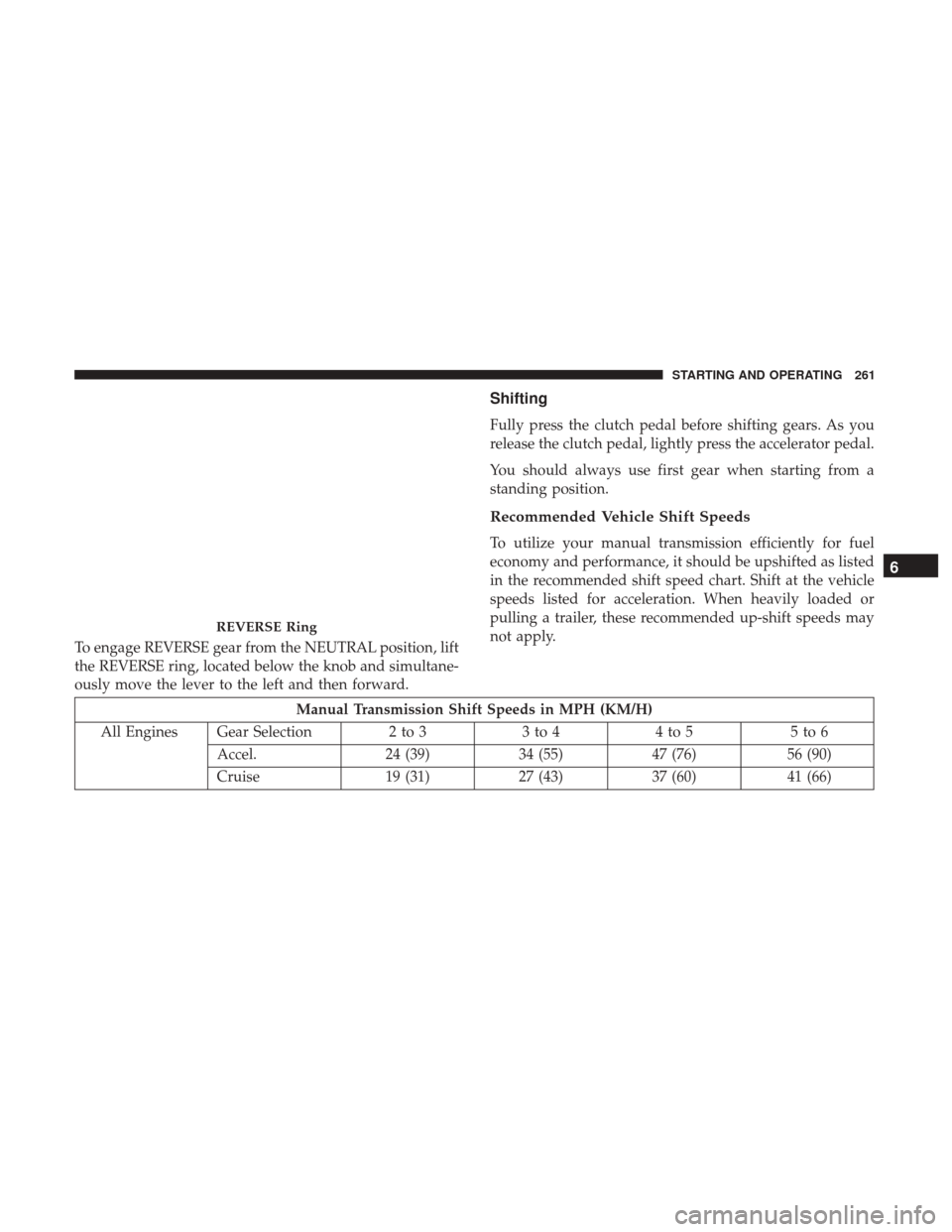 JEEP RENEGADE 2017 1.G Owners Manual To engage REVERSE gear from the NEUTRAL position, lift
the REVERSE ring, located below the knob and simultane-
ously move the lever to the left and then forward.
Shifting
Fully press the clutch pedal 