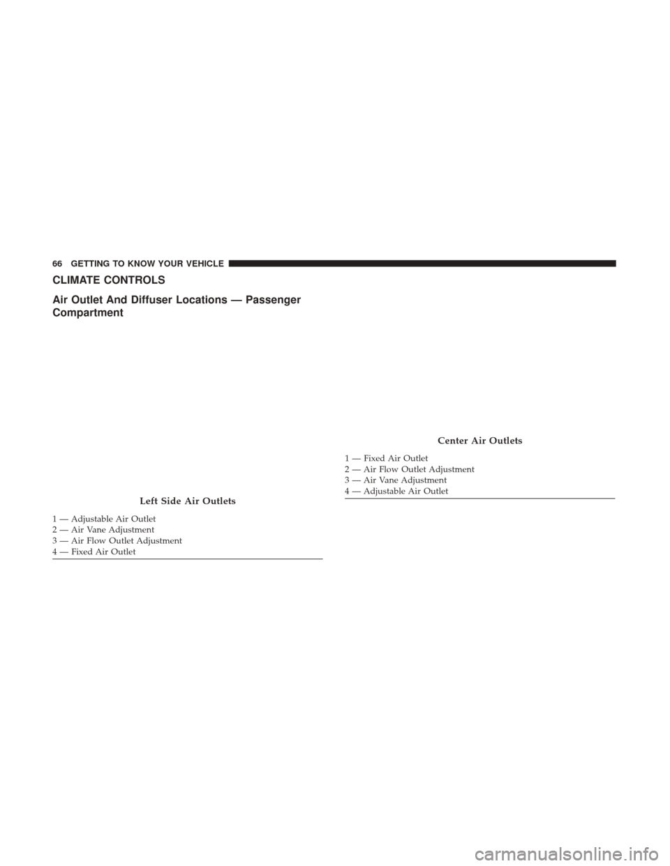 JEEP RENEGADE 2017 1.G Repair Manual CLIMATE CONTROLS
Air Outlet And Diffuser Locations — Passenger
Compartment
Left Side Air Outlets
1 — Adjustable Air Outlet
2 — Air Vane Adjustment
3 — Air Flow Outlet Adjustment
4 — Fixed Ai JEEP RENEGADE 2017 1.G Repair Manual CLIMATE CONTROLS
Air Outlet And Diffuser Locations — Passenger
Compartment
Left Side Air Outlets
1 — Adjustable Air Outlet
2 — Air Vane Adjustment
3 — Air Flow Outlet Adjustment
4 — Fixed Ai