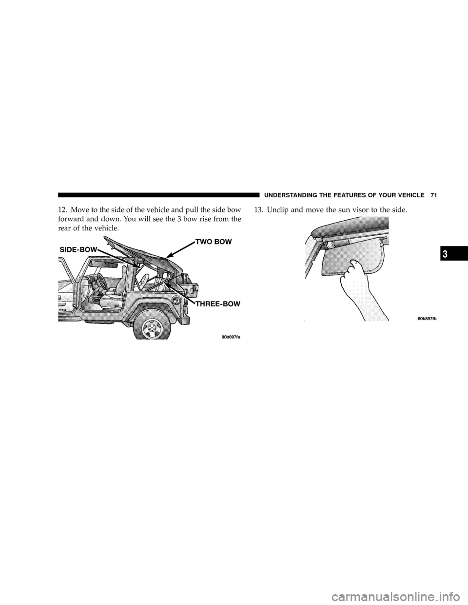 JEEP WRANGLER 2004 TJ / 2.G Manual PDF 12. Move to the side of the vehicle and pull the side bow
forward and down. You will see the 3 bow rise from the
rear of the vehicle.13. Unclip and move the sun visor to the side.
UNDERSTANDING THE FE