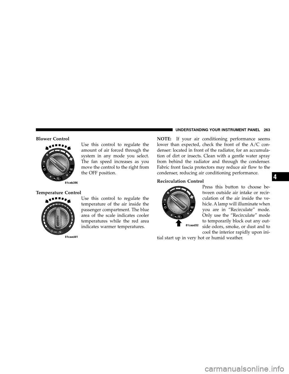 JEEP WRANGLER 2008 JK / 3.G Owners Manual Blower Control
Use this control to regulate the
amount of air forced through the
system in any mode you select.
The fan speed increases as you
move the control to the right from
the OFF position.
Temp