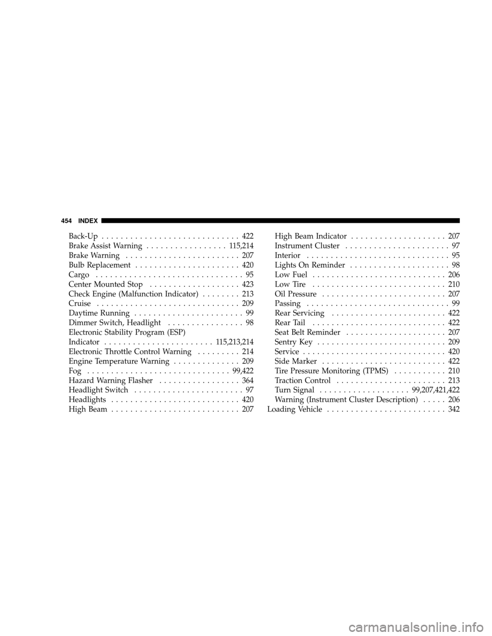 JEEP WRANGLER 2008 JK / 3.G User Guide Back-Up............................. 422
Brake Assist Warning ................. 1 15,214
Brake Warning ........................ 207
Bulb Replacement ...................... 420
Cargo ..................