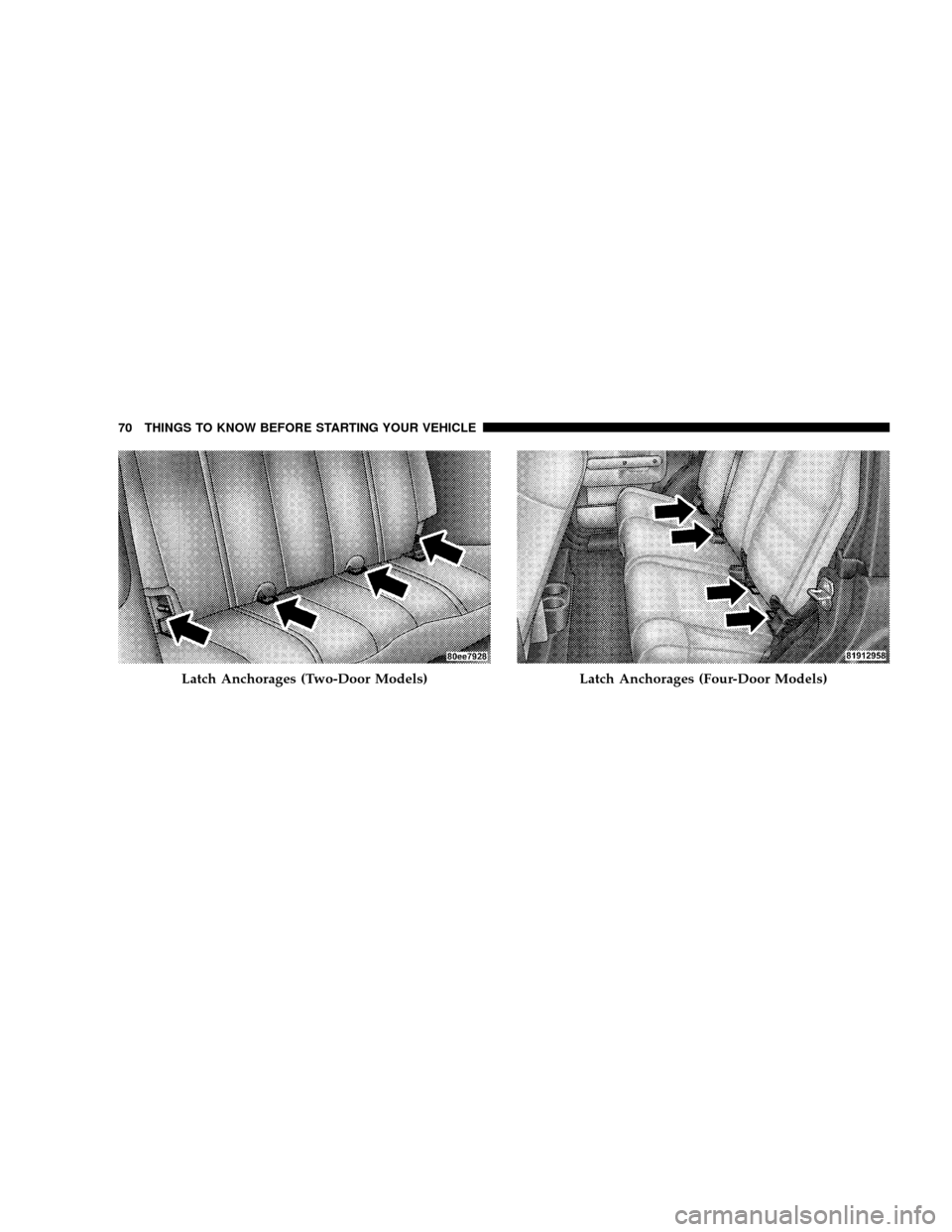 JEEP WRANGLER 2008 JK / 3.G Manual PDF Latch Anchorages (Two-Door Models)Latch Anchorages (Four-Door Models)
70 THINGS TO KNOW BEFORE STARTING YOUR VEHICLE 