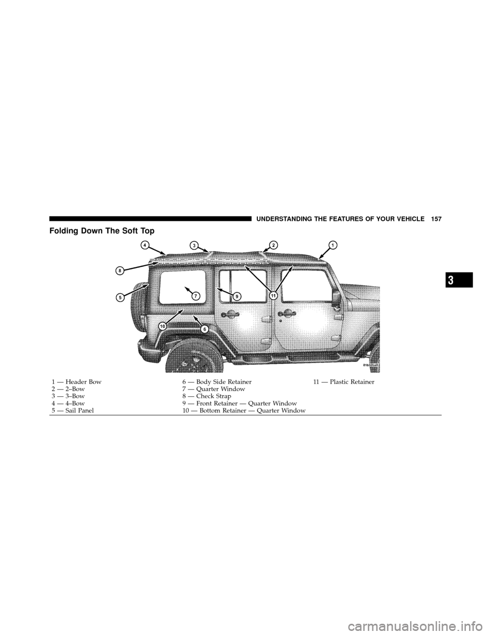 JEEP WRANGLER 2009 JK / 3.G Owners Manual Folding Down The Soft Top
1 — Header Bow6 — Body Side Retainer11 — Plastic Retainer
2 — 2–Bow 7 — Quarter Window
3 — 3–Bow 8 — Check Strap
4 — 4–Bow 9 — Front Retainer — Quar