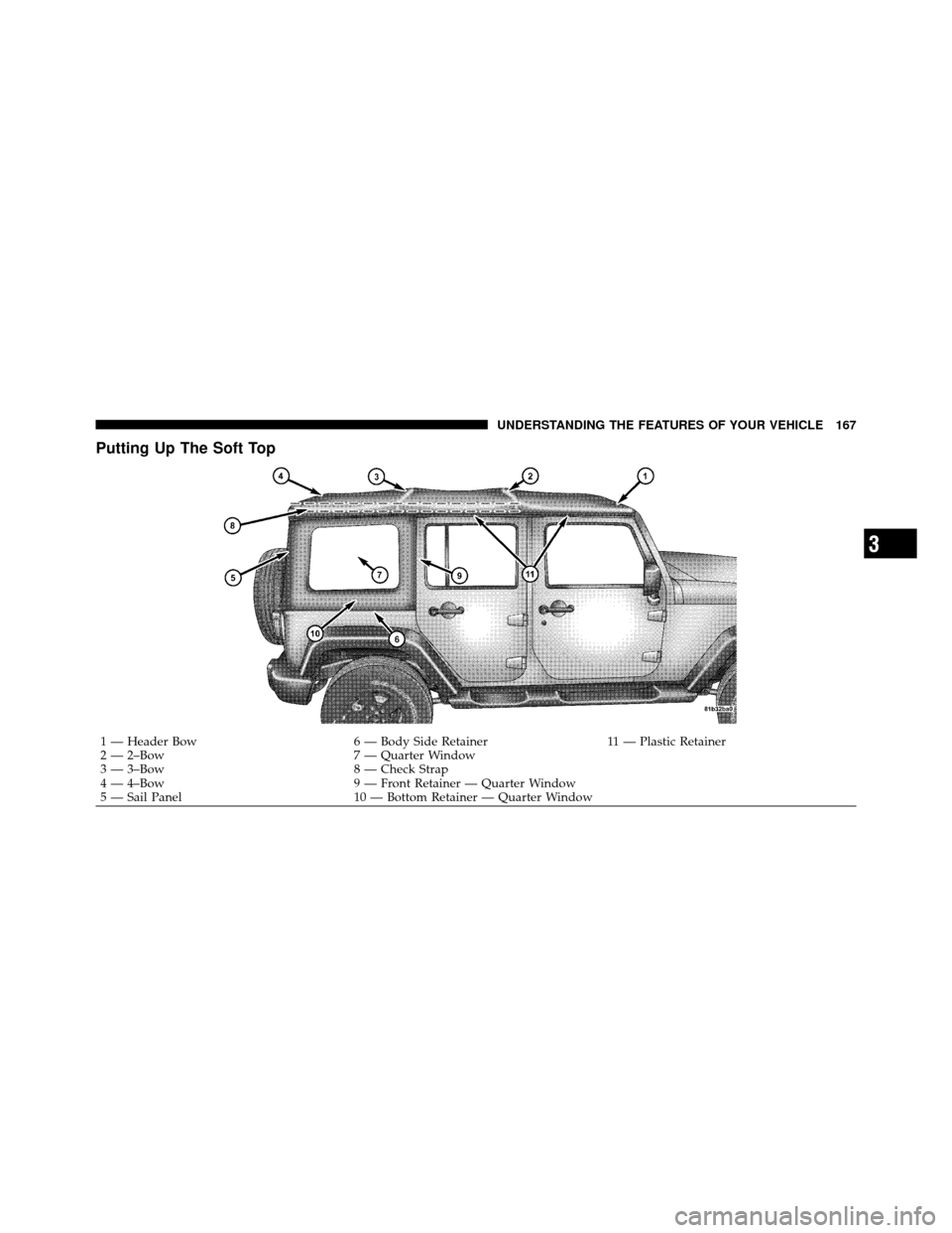 JEEP WRANGLER 2009 JK / 3.G Owners Manual Putting Up The Soft Top
1 — Header Bow6 — Body Side Retainer11 — Plastic Retainer
2 — 2–Bow 7 — Quarter Window
3 — 3–Bow 8 — Check Strap
4 — 4–Bow 9 — Front Retainer — Quarte