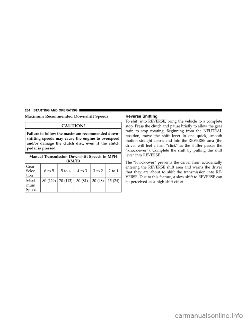 JEEP WRANGLER 2009 JK / 3.G Owners Manual Maximum Recommended Downshift Speeds
CAUTION!
Failure to follow the maximum recommended down-
shifting speeds may cause the engine to overspeed
and/or damage the clutch disc, even if the clutch
pedal 