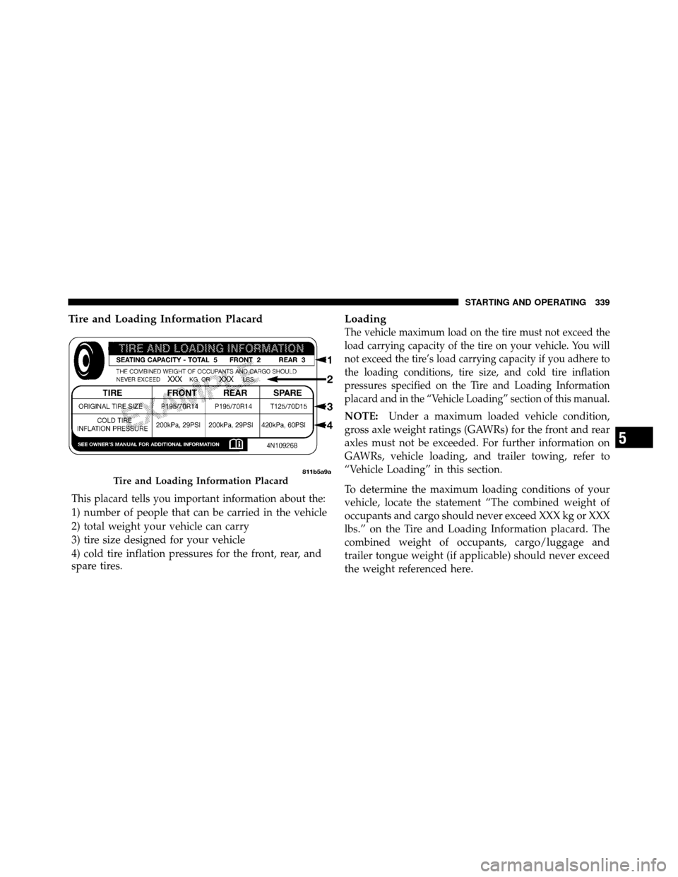 JEEP WRANGLER 2009 JK / 3.G Owners Manual Tire and Loading Information Placard
This placard tells you important information about the:
1) number of people that can be carried in the vehicle
2) total weight your vehicle can carry
3) tire size JEEP WRANGLER 2009 JK / 3.G Owners Manual Tire and Loading Information Placard
This placard tells you important information about the:
1) number of people that can be carried in the vehicle
2) total weight your vehicle can carry
3) tire size