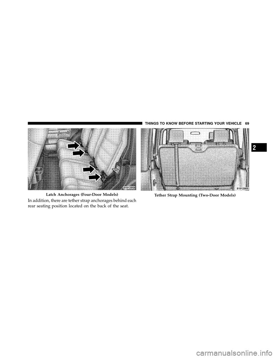JEEP WRANGLER 2009 JK / 3.G Manual PDF In addition, there are tether strap anchorages behind each
rear seating position located on the back of the seat.
Latch Anchorages (Four-Door Models)Tether Strap Mounting (Two-Door Models)
2
THINGS TO