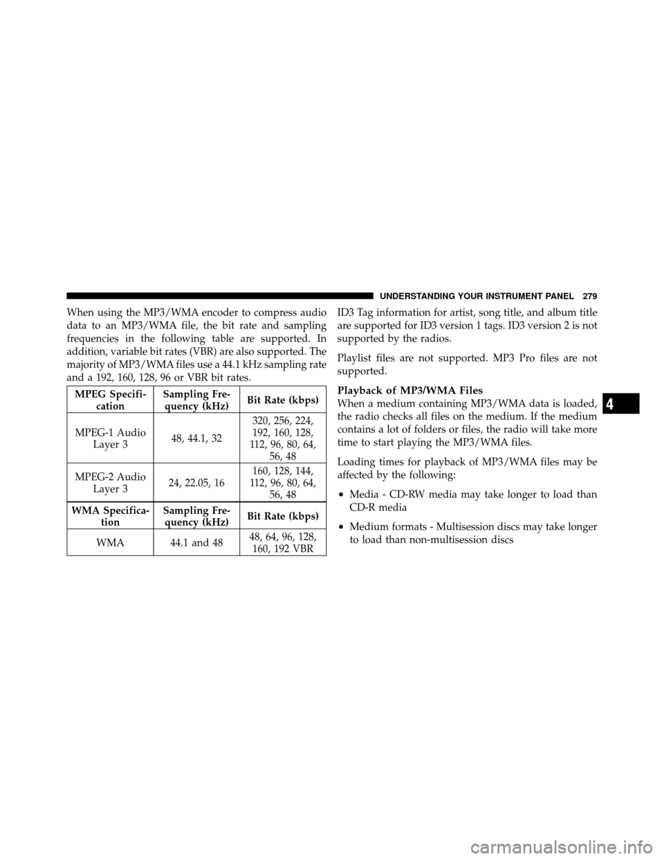 JEEP WRANGLER 2010 JK / 3.G Owners Manual When using the MP3/WMA encoder to compress audio
data to an MP3/WMA file, the bit rate and sampling
frequencies in the following table are supported. In
addition, variable bit rates (VBR) are also sup JEEP WRANGLER 2010 JK / 3.G Owners Manual When using the MP3/WMA encoder to compress audio
data to an MP3/WMA file, the bit rate and sampling
frequencies in the following table are supported. In
addition, variable bit rates (VBR) are also sup