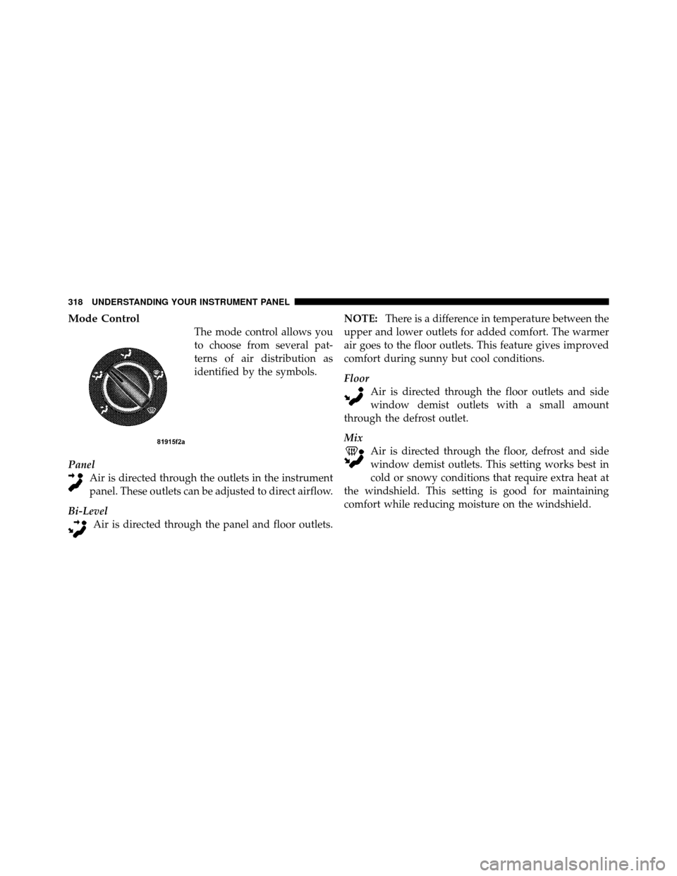 JEEP WRANGLER 2010 JK / 3.G Repair Manual Mode Control
The mode control allows you
to choose from several pat-
terns of air distribution as
identified by the symbols.
Panel Air is directed through the outlets in the instrument
panel. These ou