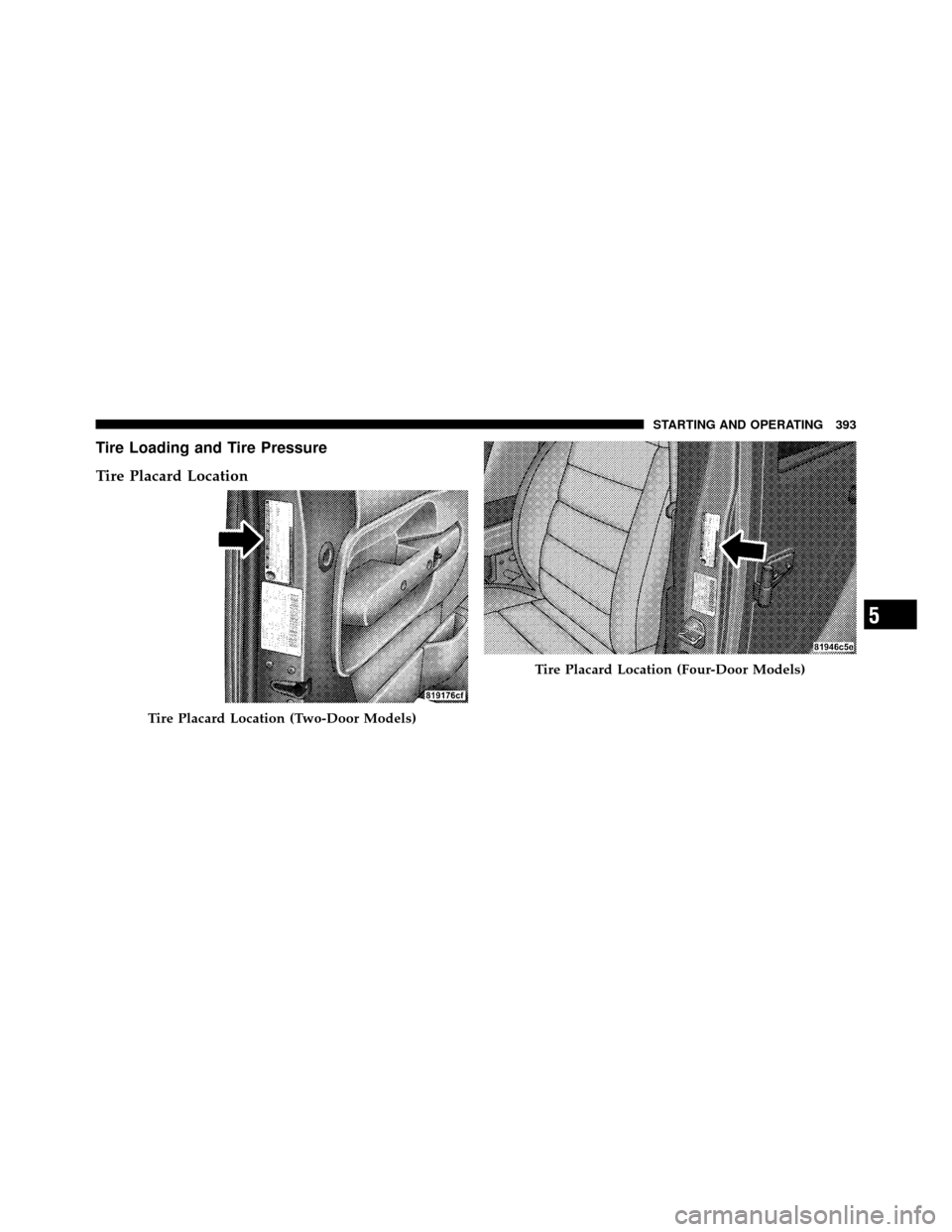 JEEP WRANGLER 2010 JK / 3.G Owners Manual Tire Loading and Tire Pressure
Tire Placard Location
Tire Placard Location (Two-Door Models)
Tire Placard Location (Four-Door Models)
5
STARTING AND OPERATING 393 