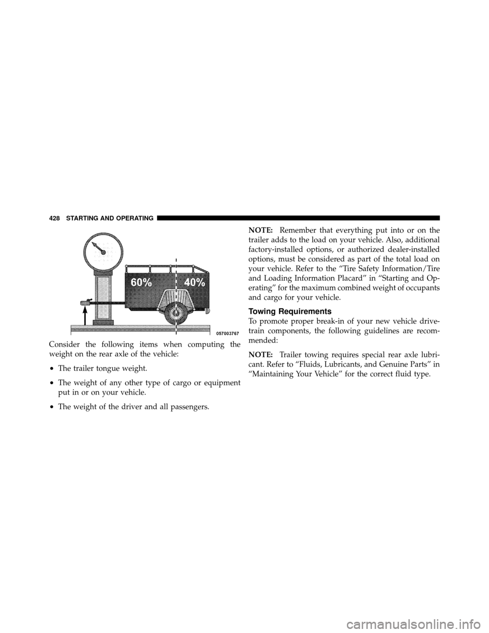 JEEP WRANGLER 2010 JK / 3.G Owners Manual Consider the following items when computing the
weight on the rear axle of the vehicle:
•The trailer tongue weight.
•The weight of any other type of cargo or equipment
put in or on your vehicle.
JEEP WRANGLER 2010 JK / 3.G Owners Manual Consider the following items when computing the
weight on the rear axle of the vehicle:
•The trailer tongue weight.
•The weight of any other type of cargo or equipment
put in or on your vehicle.