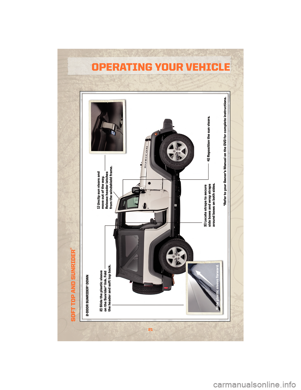 JEEP WRANGLER 2010 JK / 3.G Owners Manual SOFT TOP AND SUNRIDER
®
21
OPERATING YOUR VEHICLE 