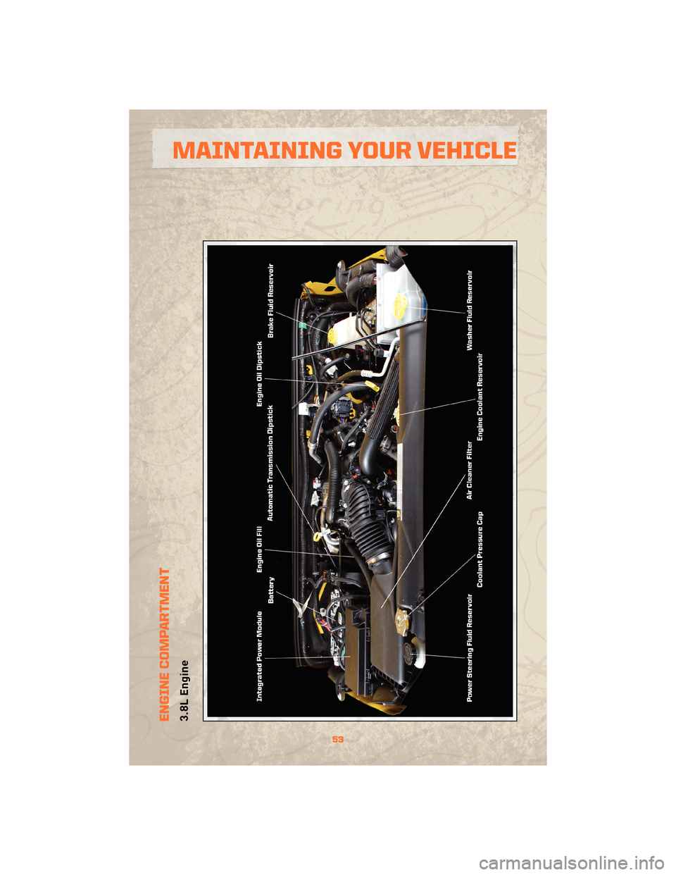 JEEP WRANGLER 2010 JK / 3.G Workshop Manual ENGINE COMPARTMENT3.8L Engine
53
MAINTAINING YOUR VEHICLE JEEP WRANGLER 2010 JK / 3.G Workshop Manual ENGINE COMPARTMENT3.8L Engine
53
MAINTAINING YOUR VEHICLE