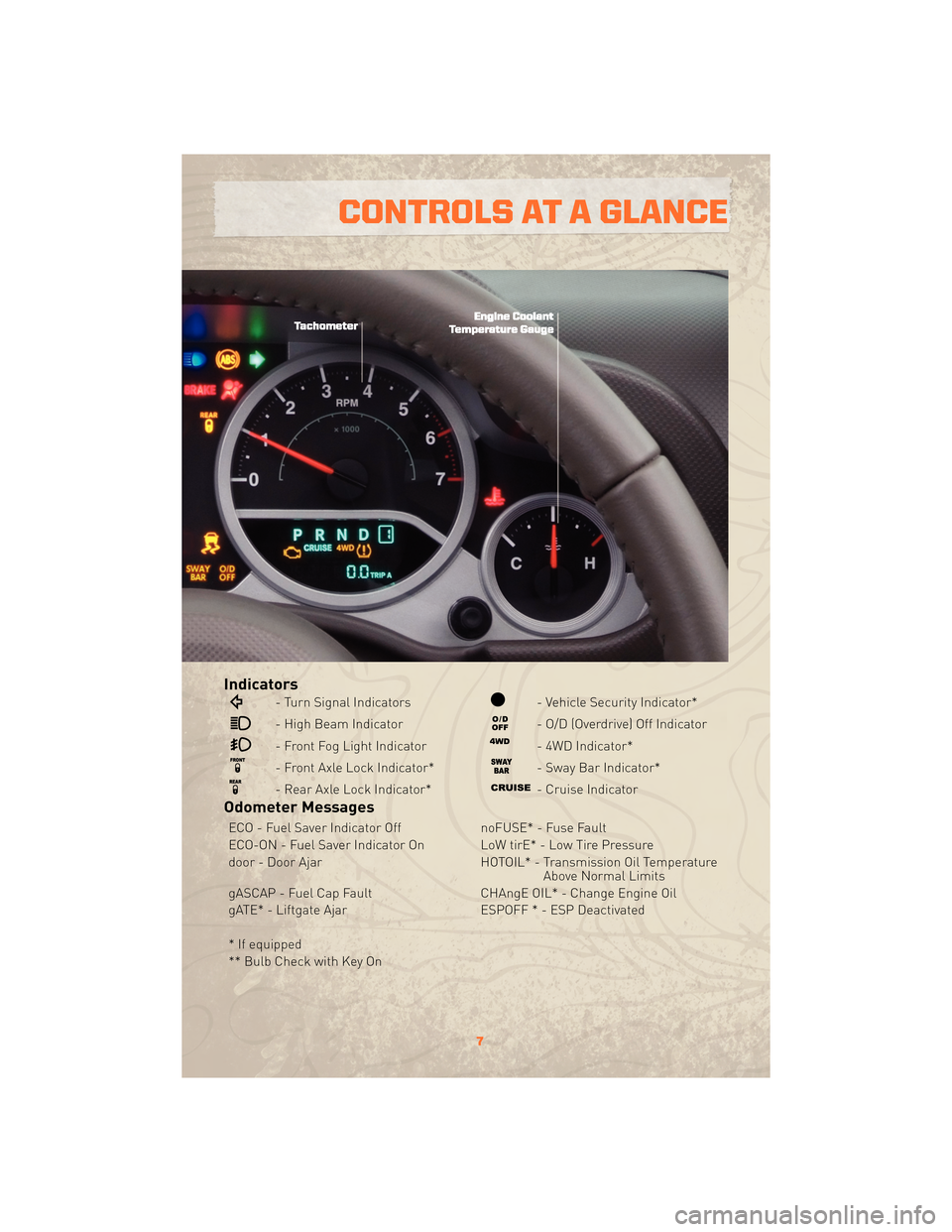 JEEP WRANGLER 2010 JK / 3.G User Guide Indicators
- Turn Signal Indicators
- High Beam Indicator
- Front Fog Light Indicator
- Front Axle Lock Indicator*
- Rear Axle Lock Indicator*
- Vehicle Security Indicator*
- O/D (Overdrive) Off Indic JEEP WRANGLER 2010 JK / 3.G User Guide Indicators
- Turn Signal Indicators
- High Beam Indicator
- Front Fog Light Indicator
- Front Axle Lock Indicator*
- Rear Axle Lock Indicator*
- Vehicle Security Indicator*
- O/D (Overdrive) Off Indic