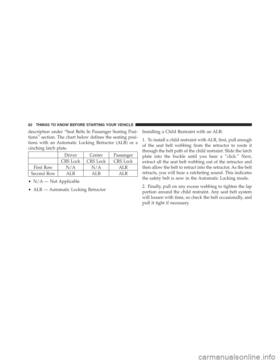 JEEP WRANGLER 2011 JK / 3.G Owners Manual description under “Seat Belts In Passenger Seating Posi-
tions” section. The chart below defines the seating posi-
tions with an Automatic Locking Retractor (ALR) or a
cinching latch plate.
Driver