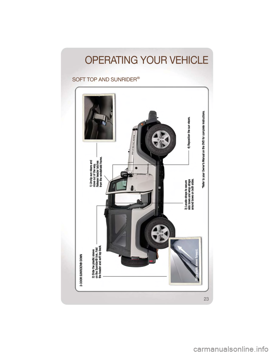 JEEP WRANGLER 2011 JK / 3.G Owners Manual SOFT TOP AND SUNRIDER®
OPERATING YOUR VEHICLE
23 