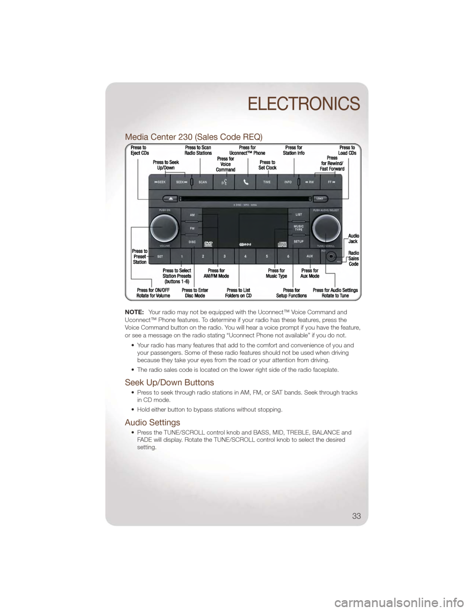 JEEP WRANGLER 2011 JK / 3.G User Guide Media Center 230 (Sales Code REQ)
NOTE:Your radio may not be equipped with the Uconnect™ Voice Command and
Uconnect™ Phone features. To determine if your radio has these features, press the
Voice 