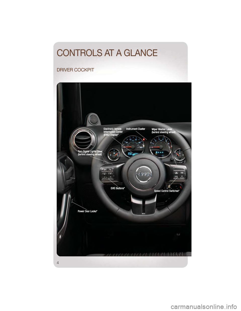 JEEP WRANGLER 2011 JK / 3.G User Guide DRIVER COCKPIT
CONTROLS AT A GLANCE
4 JEEP WRANGLER 2011 JK / 3.G User Guide DRIVER COCKPIT
CONTROLS AT A GLANCE
4