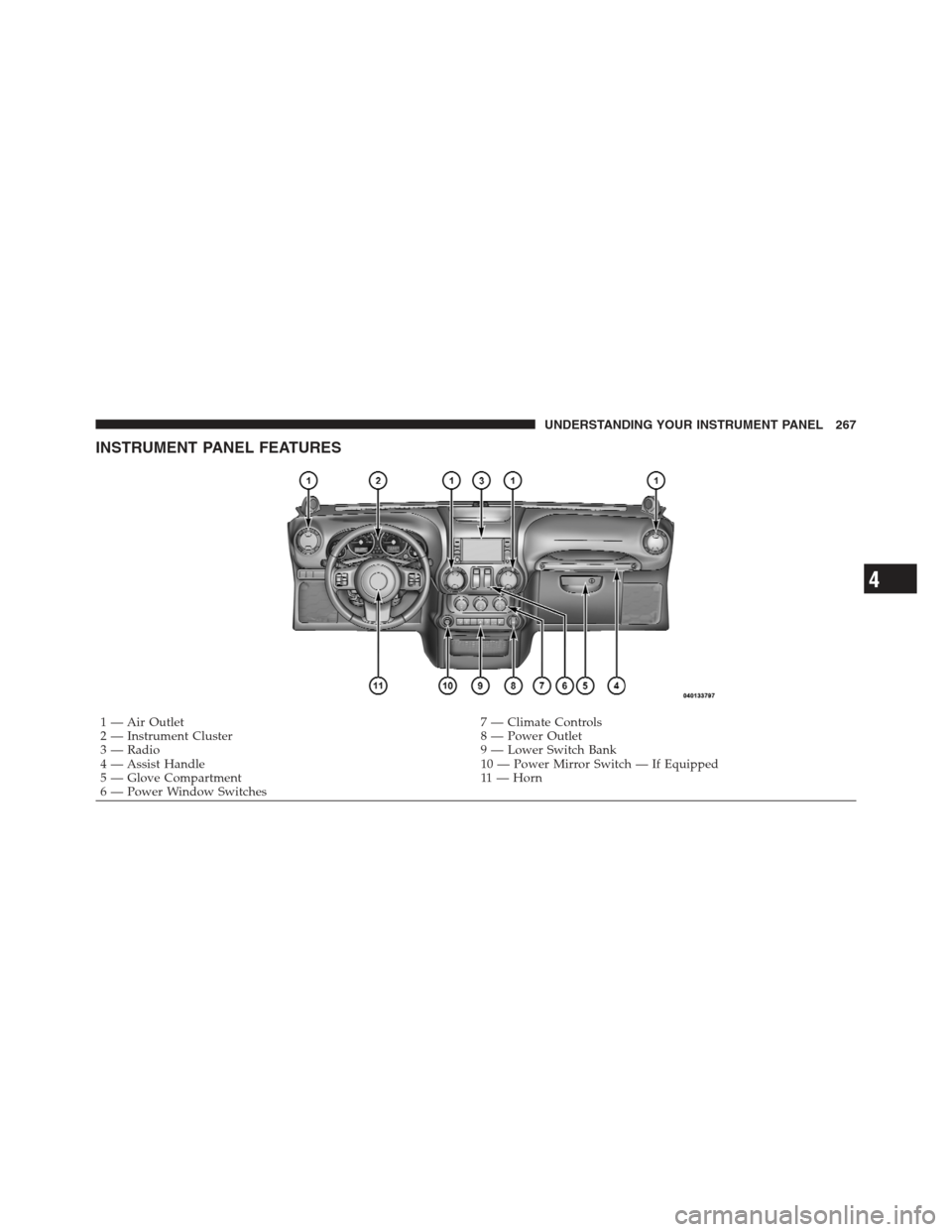 JEEP WRANGLER 2012 JK / 3.G Owners Manual INSTRUMENT PANEL FEATURES
1 — Air Outlet7 — Climate Controls
2 — Instrument Cluster 8 — Power Outlet
3 — Radio 9 — Lower Switch Bank
4 — Assist Handle 10 — Power Mirror Switch — If E JEEP WRANGLER 2012 JK / 3.G Owners Manual INSTRUMENT PANEL FEATURES
1 — Air Outlet7 — Climate Controls
2 — Instrument Cluster 8 — Power Outlet
3 — Radio 9 — Lower Switch Bank
4 — Assist Handle 10 — Power Mirror Switch — If E