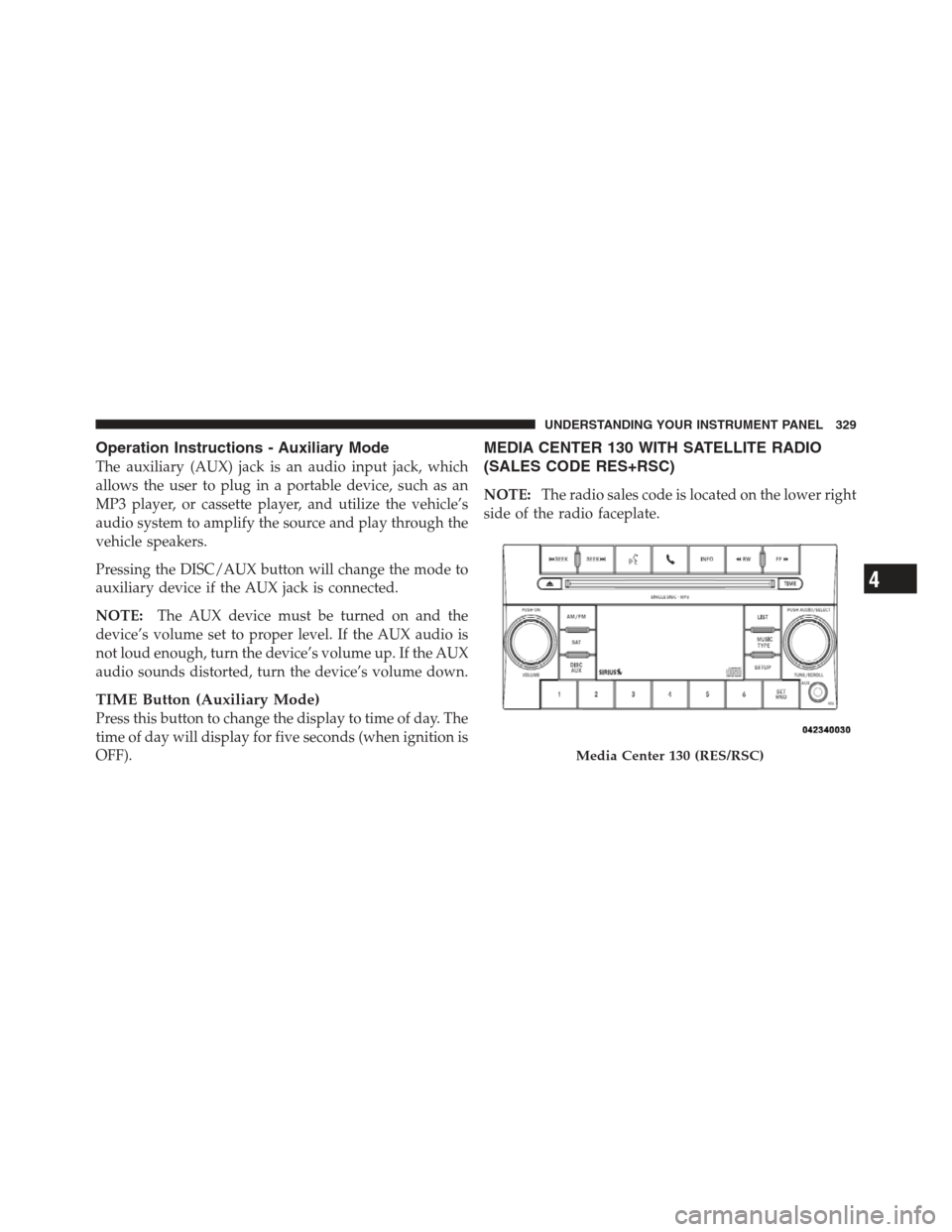 JEEP WRANGLER 2012 JK / 3.G Service Manual Operation Instructions - Auxiliary Mode
The auxiliary (AUX) jack is an audio input jack, which
allows the user to plug in a portable device, such as an
MP3 player, or cassette player, and utilize the JEEP WRANGLER 2012 JK / 3.G Service Manual Operation Instructions - Auxiliary Mode
The auxiliary (AUX) jack is an audio input jack, which
allows the user to plug in a portable device, such as an
MP3 player, or cassette player, and utilize the