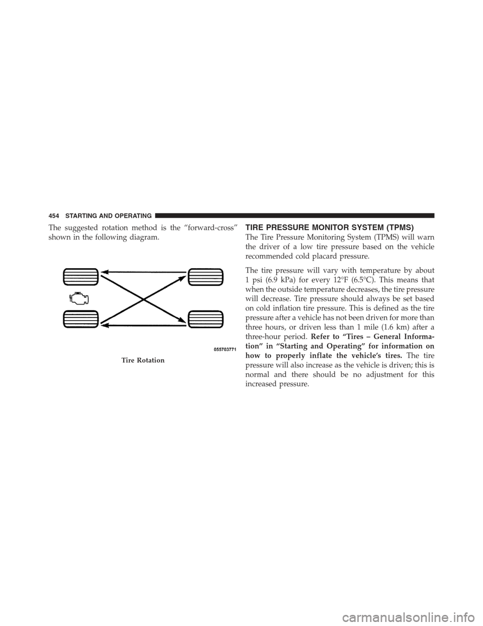 JEEP WRANGLER 2012 JK / 3.G Owners Manual The suggested rotation method is the “forward-cross”
shown in the following diagram.TIRE PRESSURE MONITOR SYSTEM (TPMS)
The Tire Pressure Monitoring System (TPMS) will warn
the driver of a low tir