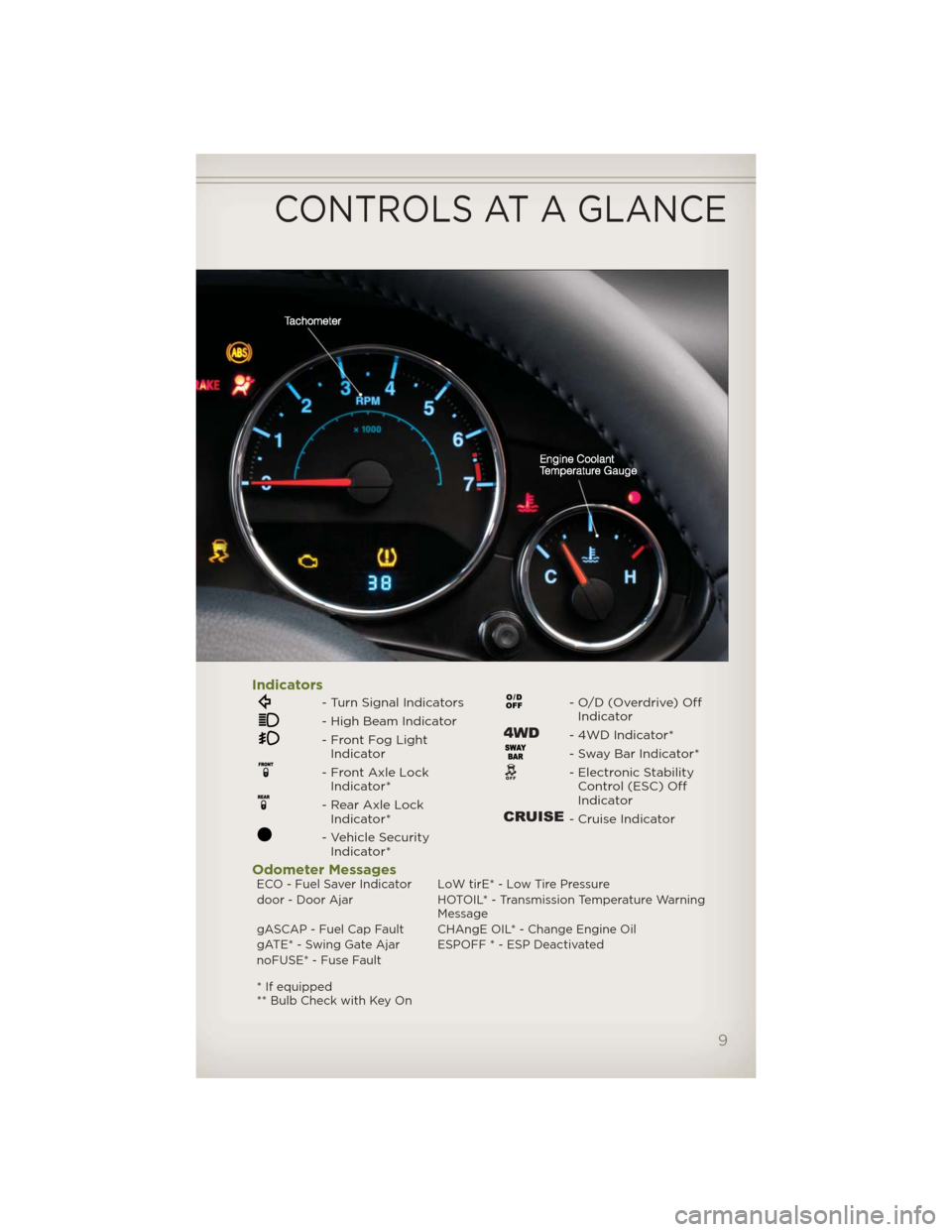 JEEP WRANGLER 2012 JK / 3.G Owners Manual Indicators
- Turn Signal Indicators
- High Beam Indicator
- Front Fog Light
Indicator
- Front Axle Lock
Indicator*
- Rear Axle Lock
Indicator*
- Vehicle Security
Indicator*
- O/D (Overdrive) Off
Indic JEEP WRANGLER 2012 JK / 3.G Owners Manual Indicators
- Turn Signal Indicators
- High Beam Indicator
- Front Fog Light
Indicator
- Front Axle Lock
Indicator*
- Rear Axle Lock
Indicator*
- Vehicle Security
Indicator*
- O/D (Overdrive) Off
Indic