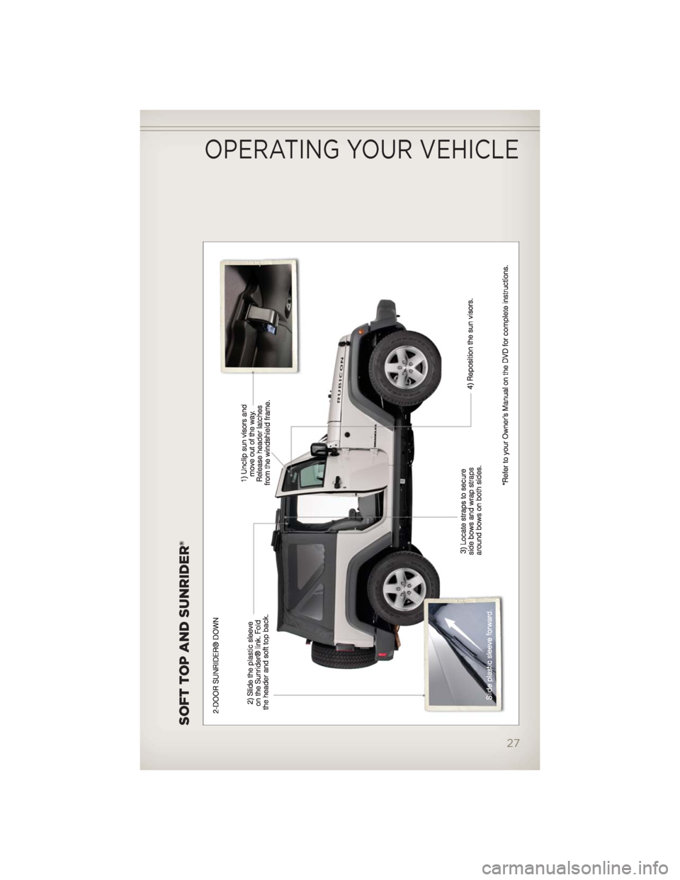 JEEP WRANGLER 2012 JK / 3.G Owners Manual SOFT TOP AND SUNRIDER®
OPERATING YOUR VEHICLE
27 JEEP WRANGLER 2012 JK / 3.G Owners Manual SOFT TOP AND SUNRIDER®
OPERATING YOUR VEHICLE
27