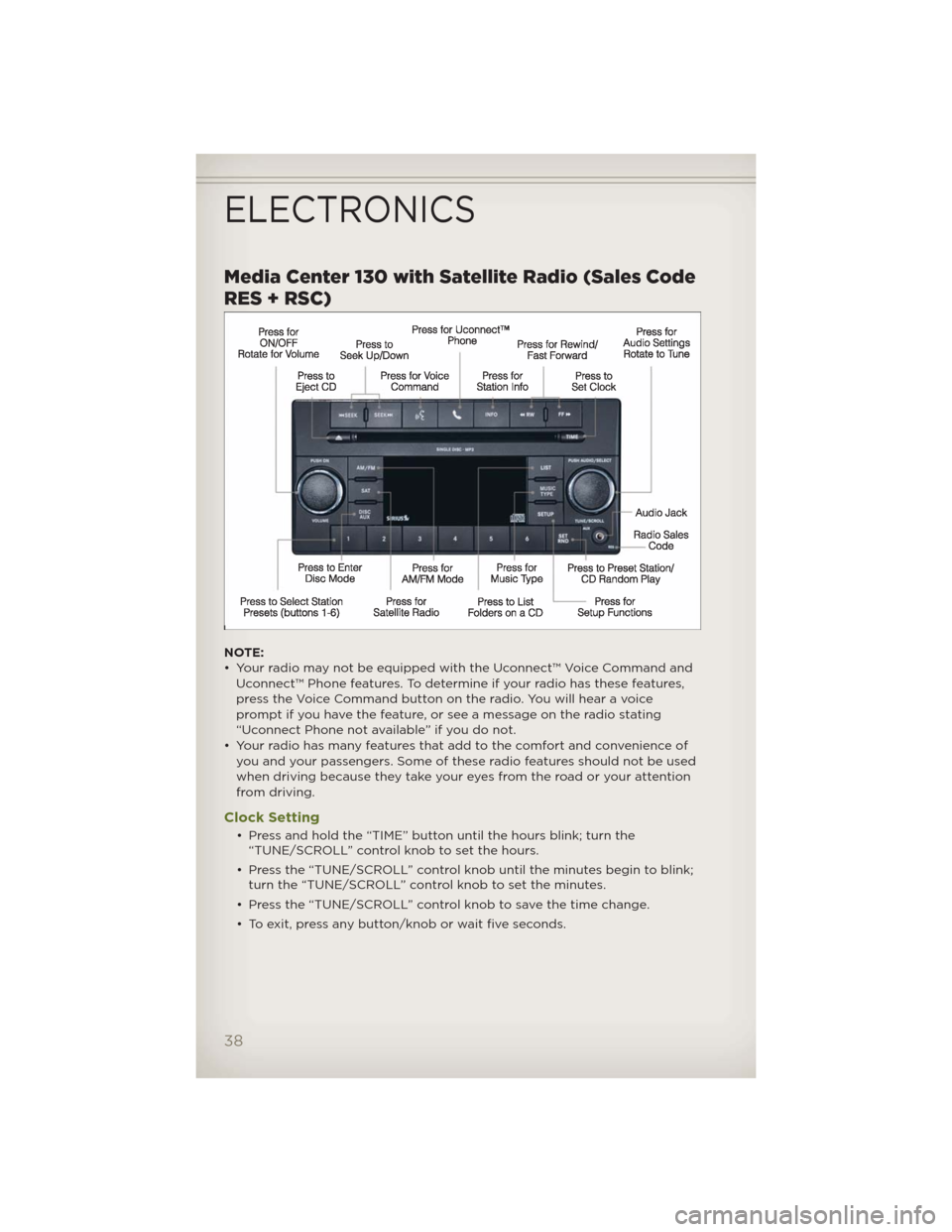 JEEP WRANGLER 2012 JK / 3.G Owners Guide Media Center 130 with Satellite Radio (Sales Code
RES + RSC)
NOTE:
• Your radio may not be equipped with the Uconnect™ Voice Command and
Uconnect™ Phone features. To determine if your radio has JEEP WRANGLER 2012 JK / 3.G Owners Guide Media Center 130 with Satellite Radio (Sales Code
RES + RSC)
NOTE:
• Your radio may not be equipped with the Uconnect™ Voice Command and
Uconnect™ Phone features. To determine if your radio has