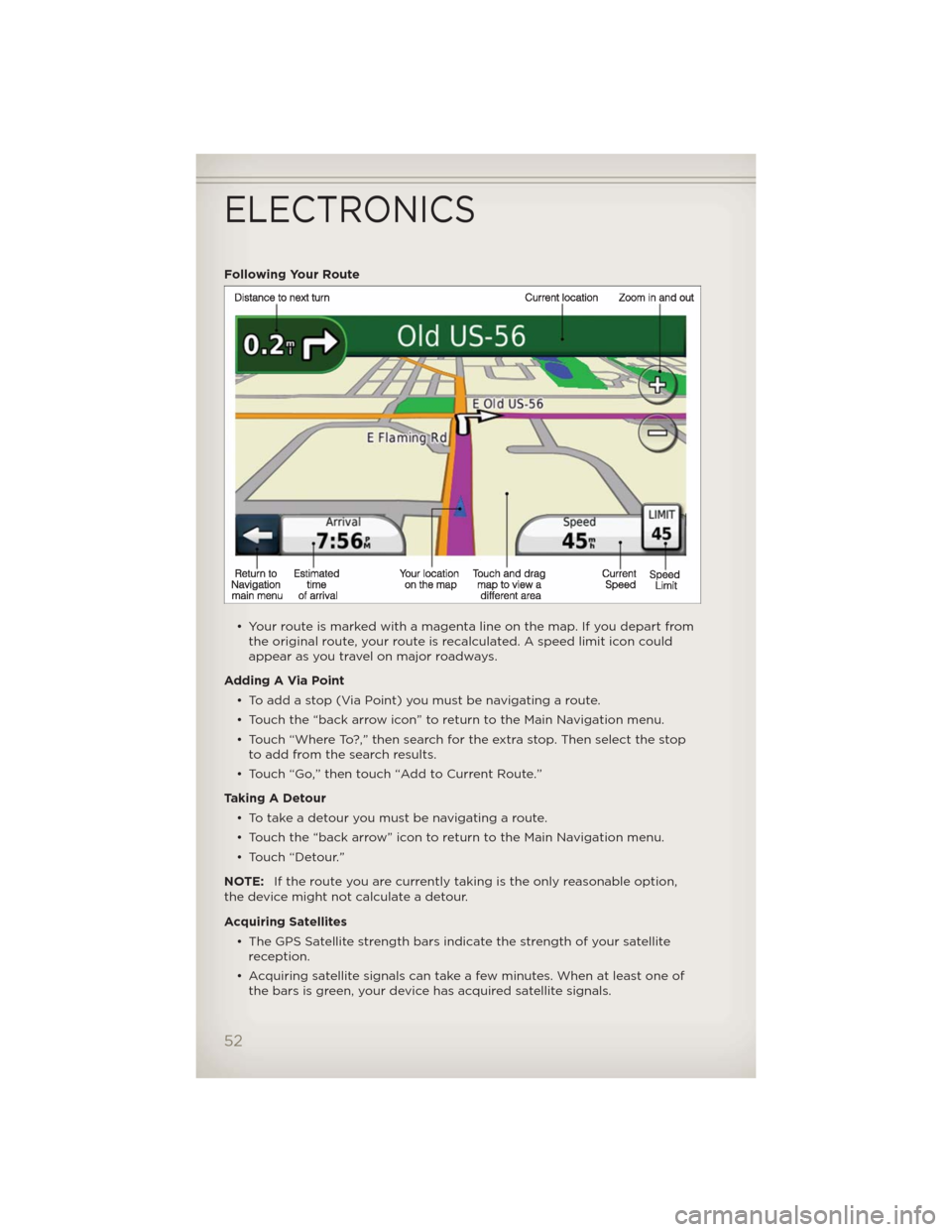 JEEP WRANGLER 2012 JK / 3.G User Guide Following Your Route
• Your route is marked with a magenta line on the map. If you depart from
the original route, your route is recalculated. A speed limit icon could
appear as you travel on major 