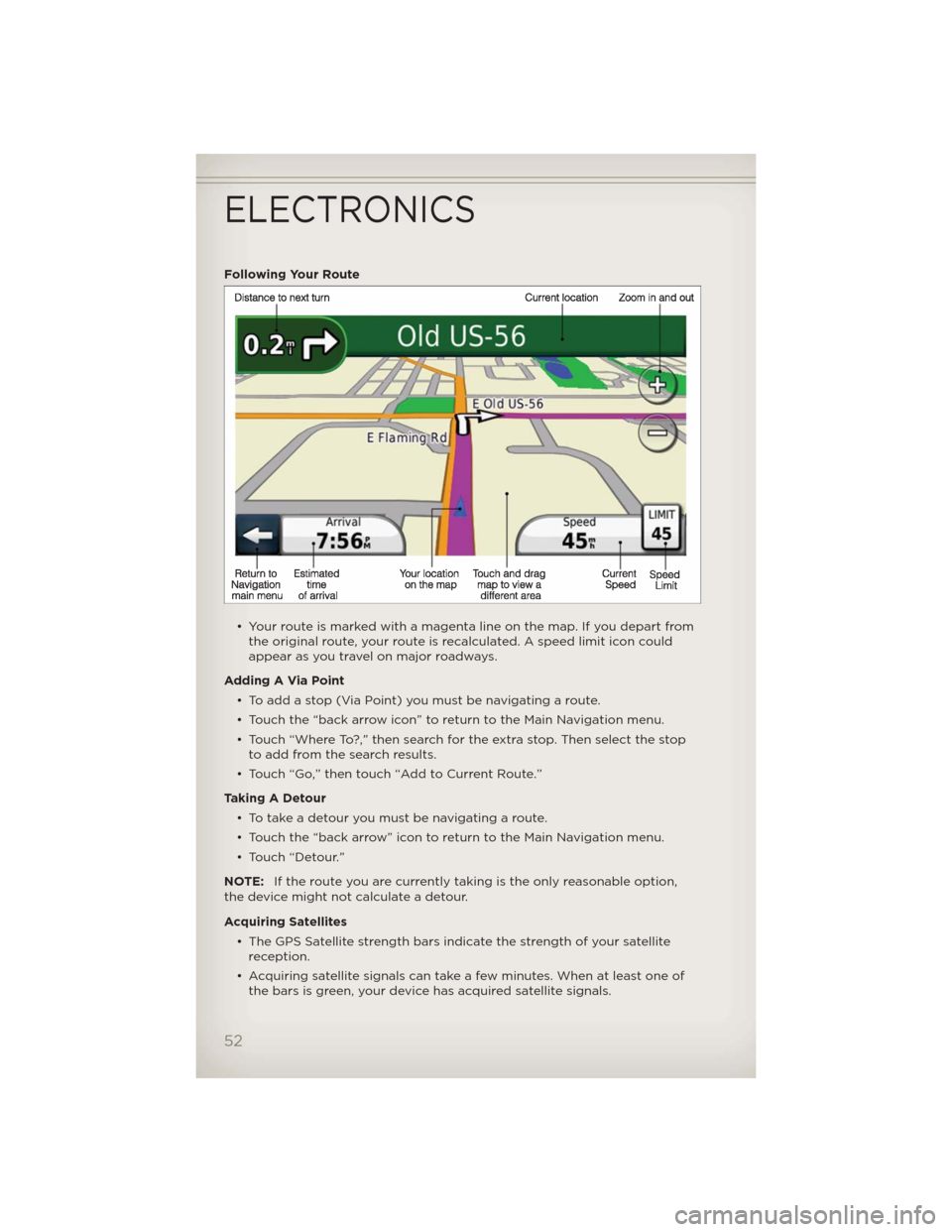 JEEP WRANGLER 2012 JK / 3.G Workshop Manual Following Your Route
• Your route is marked with a magenta line on the map. If you depart from
the original route, your route is recalculated. A speed limit icon could
appear as you travel on major JEEP WRANGLER 2012 JK / 3.G Workshop Manual Following Your Route
• Your route is marked with a magenta line on the map. If you depart from
the original route, your route is recalculated. A speed limit icon could
appear as you travel on major