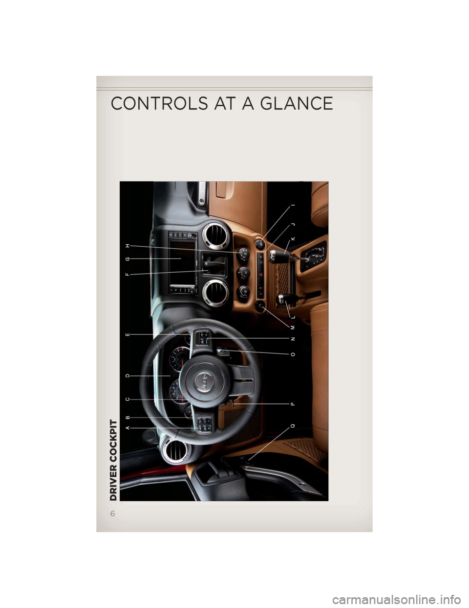 JEEP WRANGLER 2012 JK / 3.G User Guide DRIVER COCKPIT
CONTROLS AT A GLANCE
6 JEEP WRANGLER 2012 JK / 3.G User Guide DRIVER COCKPIT
CONTROLS AT A GLANCE
6