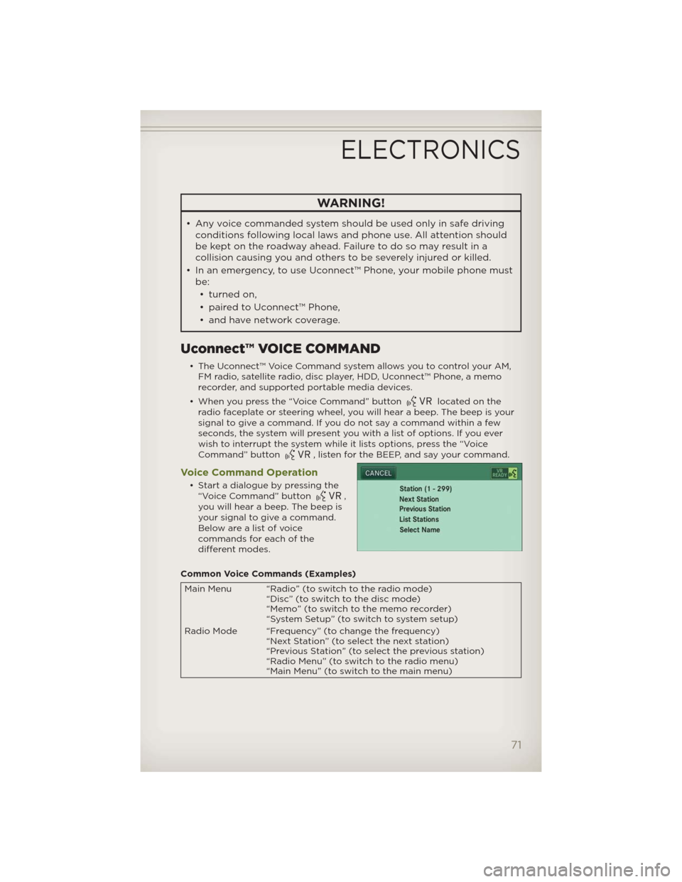 JEEP WRANGLER 2012 JK / 3.G User Guide WARNING!
• Any voice commanded system should be used only in safe driving
conditions following local laws and phone use. All attention should
be kept on the roadway ahead. Failure to do so may resul