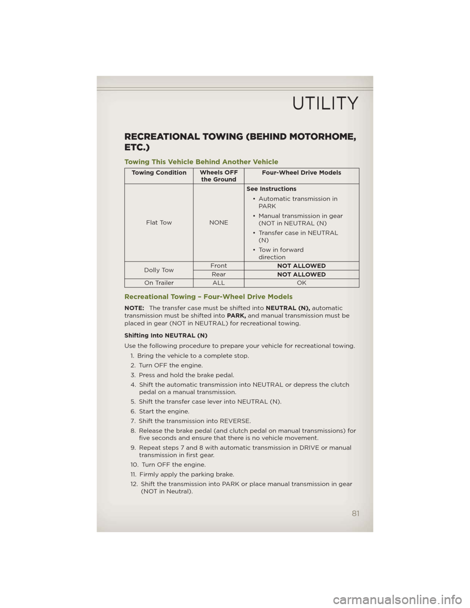 JEEP WRANGLER 2012 JK / 3.G User Guide RECREATIONAL TOWING (BEHIND MOTORHOME,
ETC.)
Towing This Vehicle Behind Another Vehicle
Towing ConditionWheels OFF
the GroundFour-Wheel Drive Models
Flat Tow NONESee Instructions
• Automatic transmi