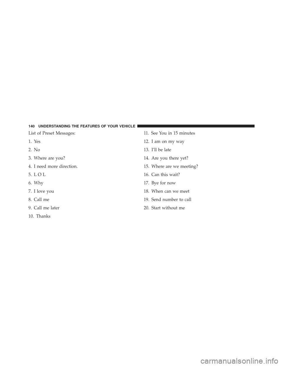 JEEP WRANGLER 2013 JK / 3.G Owners Manual List of Preset Messages:
1. Yes
2. No
3. Where are you?
4. I need more direction.
5. L O L
6. Why
7. I love you
8. Call me
9. Call me later
10. Thanks11. See You in 15 minutes
12. I am on my way
13. I
