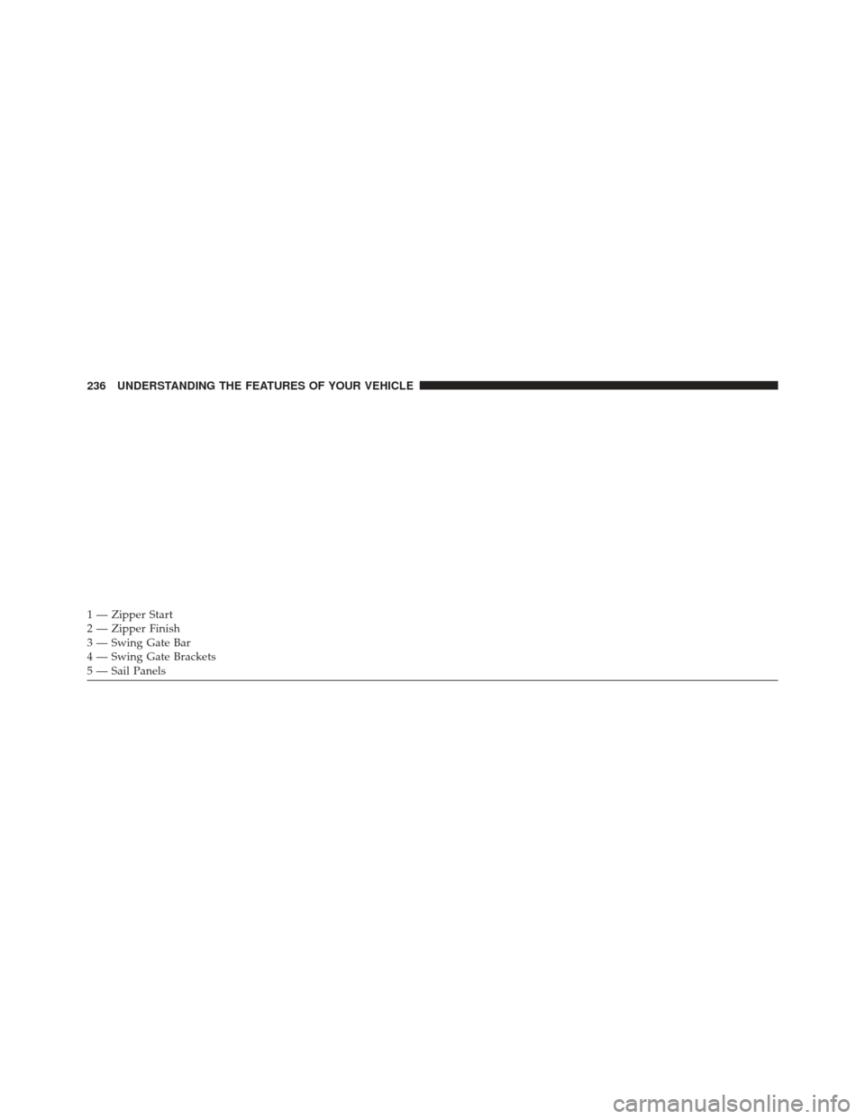 JEEP WRANGLER 2013 JK / 3.G Owners Manual 1 — Zipper Start
2 — Zipper Finish
3 — Swing Gate Bar
4 — Swing Gate Brackets
5 — Sail Panels 236 UNDERSTANDING THE FEATURES OF YOUR VEHICLE 