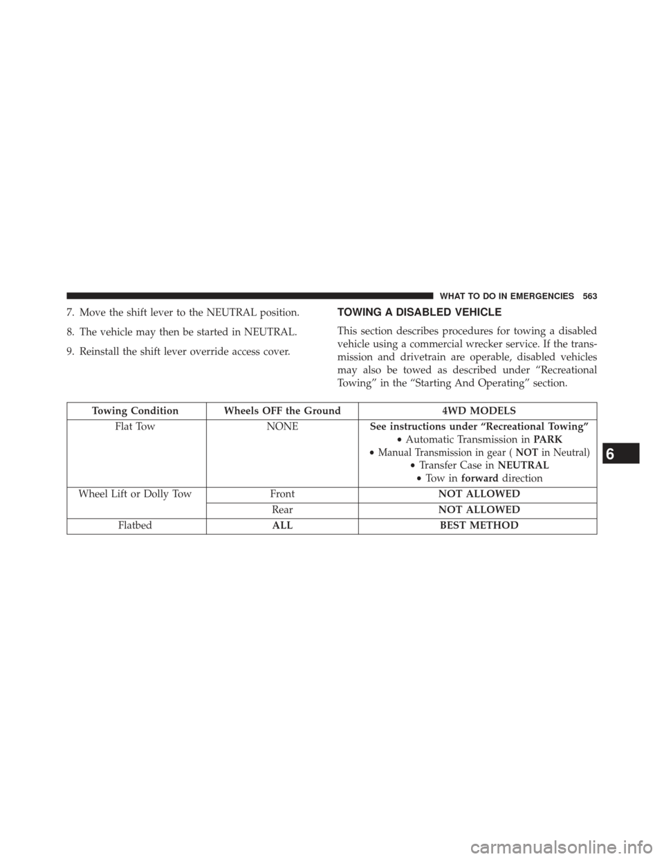 JEEP WRANGLER 2013 JK / 3.G Owners Manual 7. Move the shift lever to the NEUTRAL position.
8. The vehicle may then be started in NEUTRAL.
9. Reinstall the shift lever override access cover.TOWING A DISABLED VEHICLE
This section describes proc